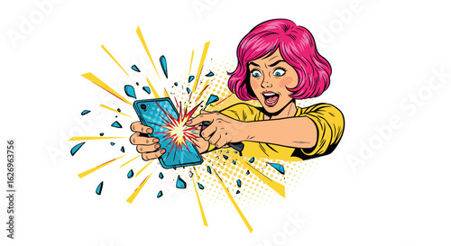 Surprised woman with pink hair reacts to exploding smartphone in pop art style