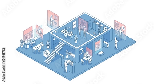 Modern office isometric design with blue and pink futuristic workspace elements