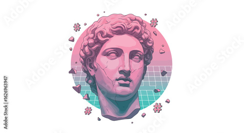 Vaporwave greek sculpture head with retro grid and hashtags