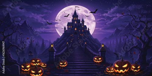 A majestic, gothic-style castle sits atop a mountain at night, illuminated by a full moon and lit lanterns.