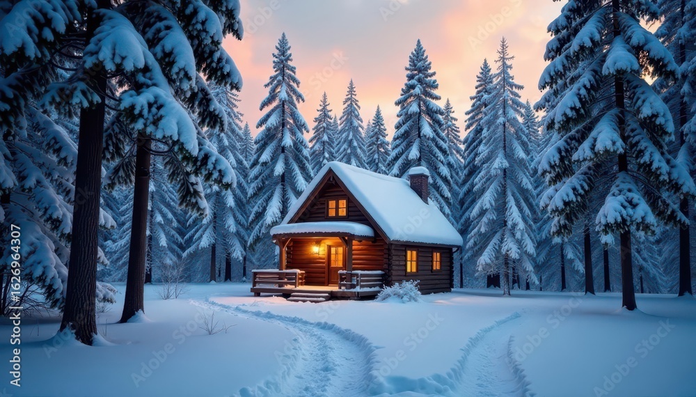 Fototapeta premium Cozy cabin nestled in a snowy, enchanted forest , home, winter wonderland, snow