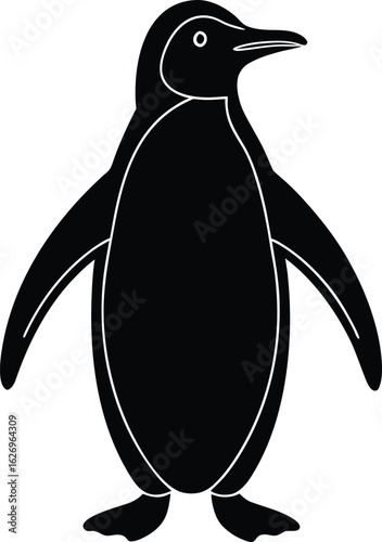 Black and white graphic illustration of a penguin standing with wings spread animal