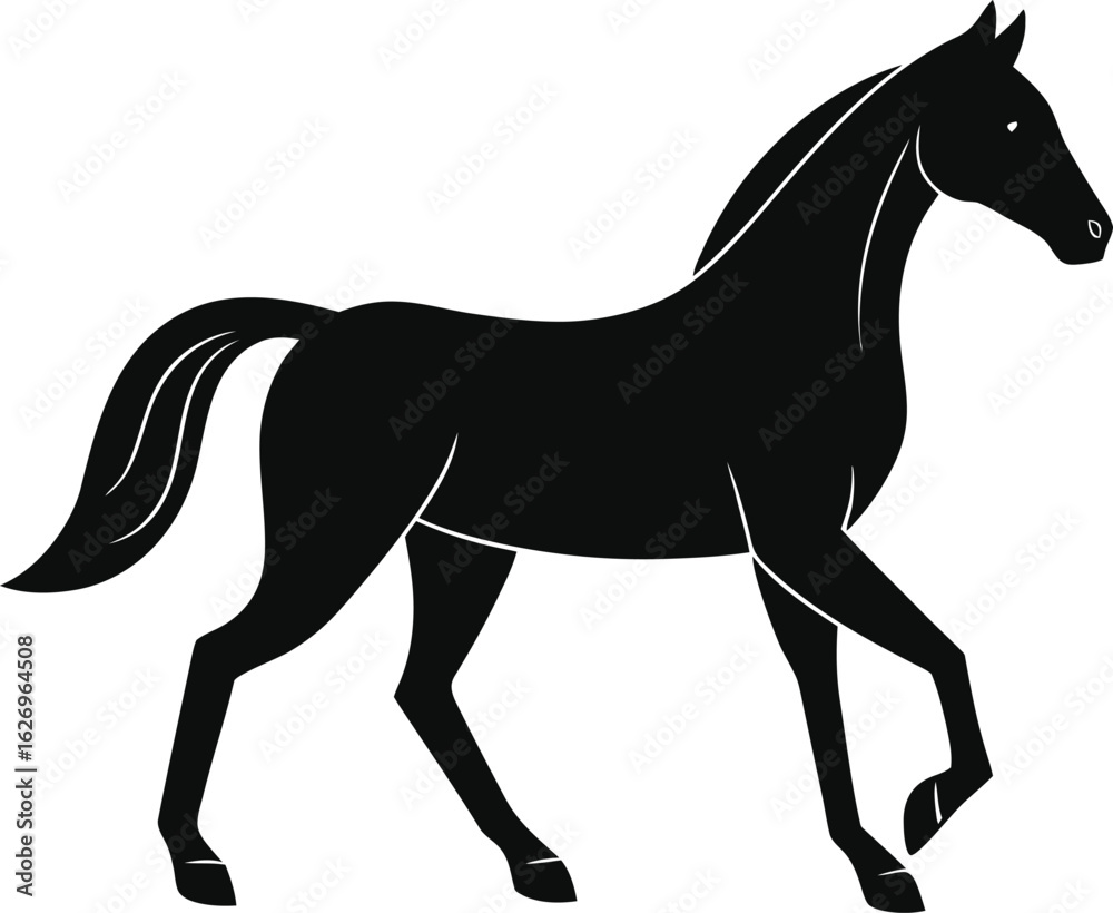Obraz premium Black silhouette of a horse with a flowing mane and tail walking gracefully on a white background