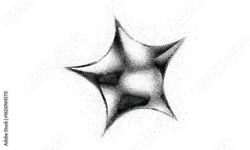Abstract 3D star icon with brutal stipple gradient and retro photocopy effect. Futuristic geometric shapes in gritty texture for Y2K style banners, music posters, and digital grunge vector