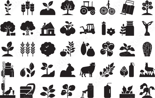 Agriculture and Farming Solid Icons Set - Crops, Plants, Machinery, and Farm Life Symbols