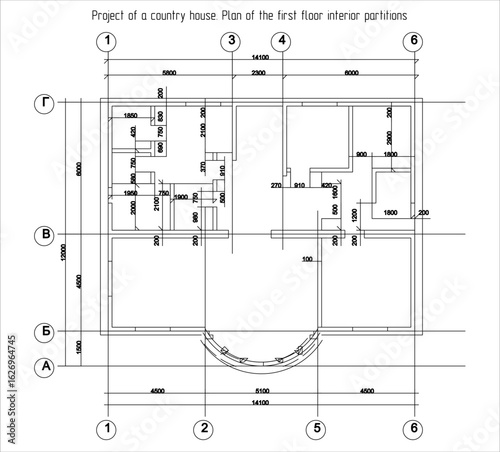 Vector architectural engineering construction private residential building drawing, first floor plan interior partitions. Industrial design on sheet of paper. Blueprint of multistory suburban cottage.