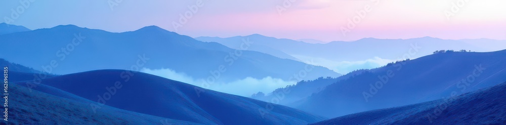 Fototapeta premium Blue mist swirls around rolling hills gentle terrain blending blue and purple shades peaceful atmosphere, purple, blue, blend