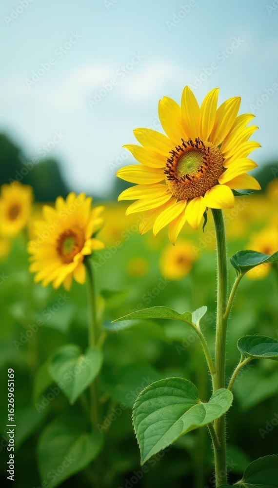 Obraz premium Bright yellow sunflowers stand tall in a lush green field , sunflowers, flowers