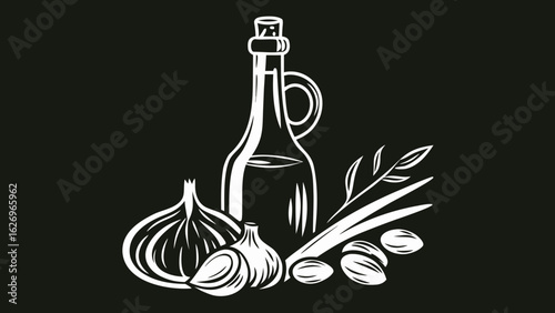 Olive oil bottle with garlic, onion, and herbs on black background  