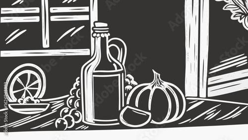 Still life with bottle, grapes, pumpkin, and sliced orange on table  