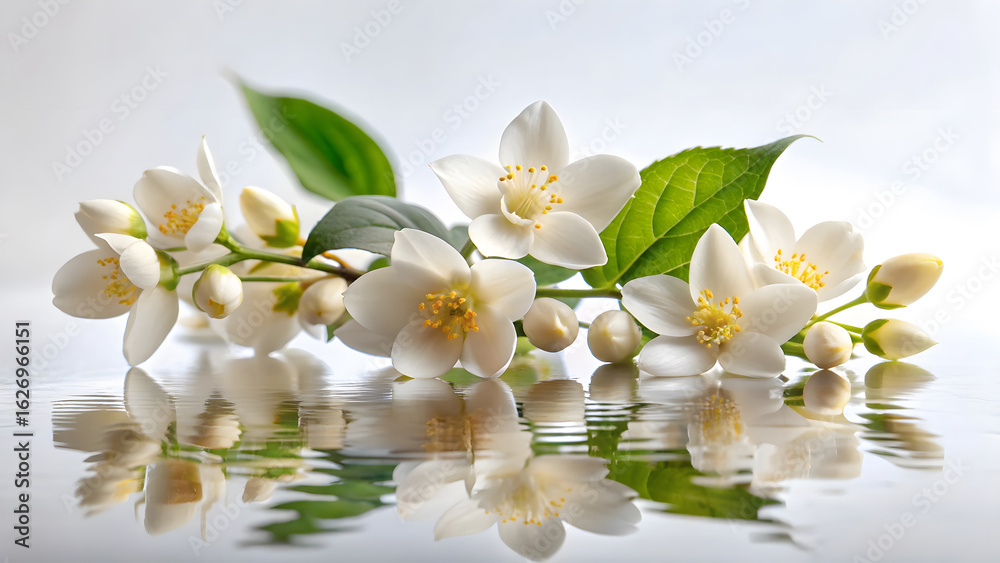 Obraz premium Fresh White Jasmine Flowers With Green Leaves Reflected On A Shiny Surface image photo
