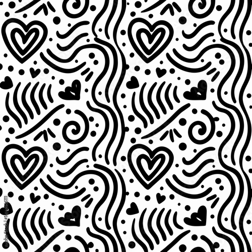 Black and white abstract heart pattern with wavy lines and dots  