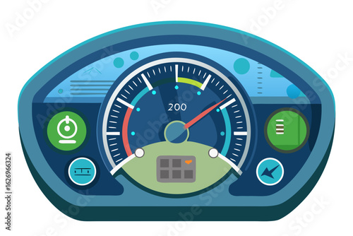 Electric vehicle dashboard illustration featuring digital speedometer, battery level indicator, and control buttons in a top-down view, showcasing modern user interface design elements