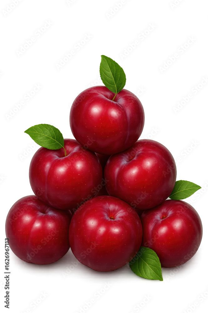 Obraz premium Pile of fresh red plums with green leaves on transparent background