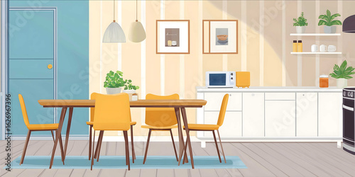 2d cartoon illustration dining room wall clean and modern
