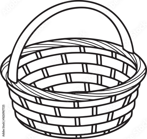 Oval Woven Basket with Handle Line Art Isolated on White Background wicker container