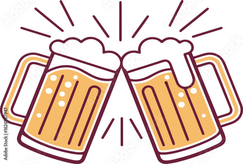 Two Beer Mugs Clinking With Bubbles And Rays In Burgundy beverage drink