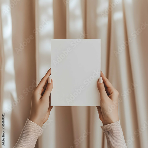 A woman with French manicure hands is holding a 5x7 inch blank card on beige light curtain This scene is very suitable for mockups to be used for invitations