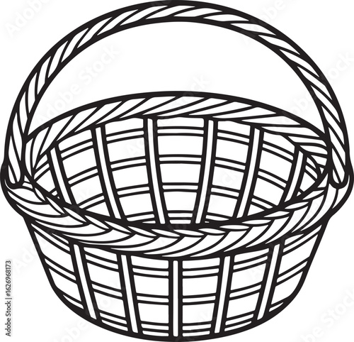Woven Basket with Handle Outline Drawing Isolated on White Background wicker container
