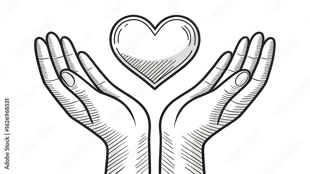 Obraz premium Two open hands gently holding and protecting a delicate sketched heart symbol above them with care