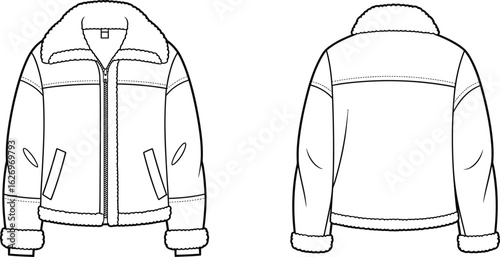 Hooded puffer jacket illustration, front and back view, fashion sketch, cozy outerwear