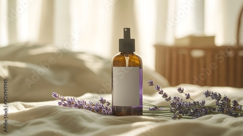 Aromatherapy spray bottle with lavender on bed for sleep wellness and relaxation product photography