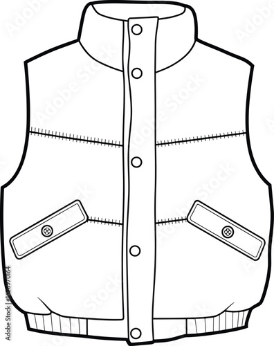 Puffer vest illustration, buttoned front design, sleeveless outerwear, warm winter fashion style