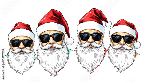 Four Santa Claus illustrations wearing sunglasses and red hats  