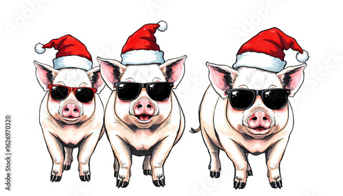 Three playful pigs wearing Santa hats and sunglasses for Christmas  