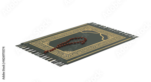 A traditional green Islamic prayer rug with red tasbih prayer beads, a spiritual symbol of Muslim faith, worship, and devotion isolated on white