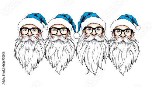 Four bearded Santa Claus heads wearing blue hats and glasses  