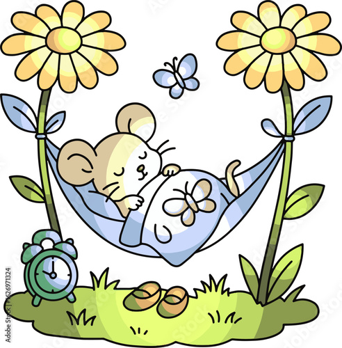 adorable sleeping mouse with floral element drawing vector illustration