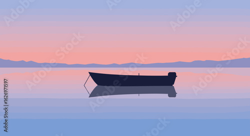 Silhouette of a boat on a tranquil lake at sunset with soothing pastel colors. Vector illustration