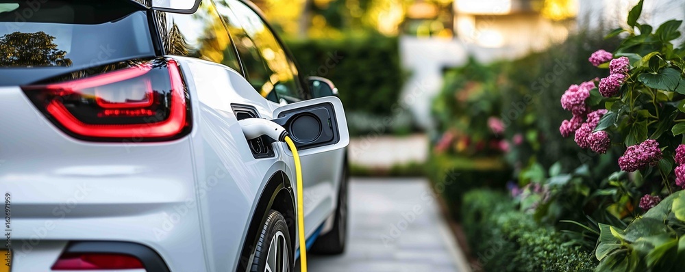 Fototapeta premium Electric car charging beside vibrant flowers in a stylish garden setting during sunset hours