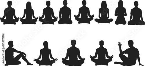 Silhouettes of people in meditation pose, calm seated posture, white background, peaceful