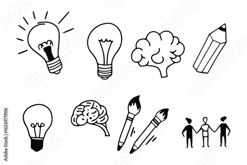 Doodle icons representing creativity and ideas silhouette isolated on white background