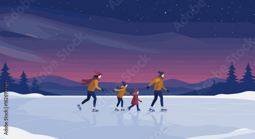 Family ice skating at night: parents and children enjoying winter outdoors. Vector illustration