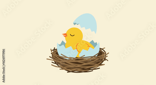 Yellow chick emerging from blue egg in nest on light background. Vector illustration