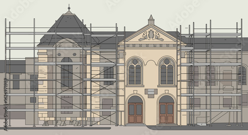 Historic building restoration with scaffolding on front façade. Vector illustration