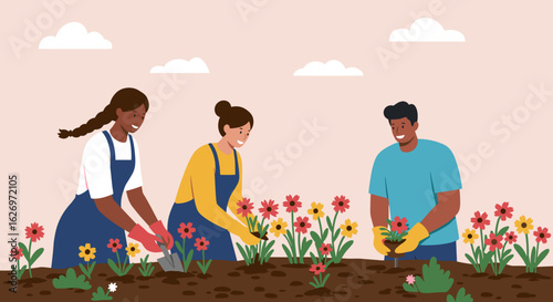 Diverse group gardening together: young adults enjoy planting flowers outdoors. Vector illustration