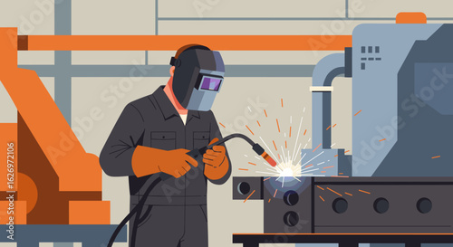 Caucasian male welder in protective gear welding metal in industrial setting. Vector illustration