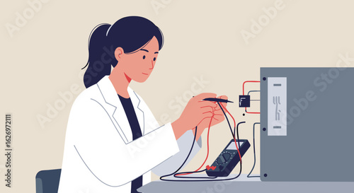 Female asian young scientist working with multimeter in laboratory setting. Vector illustration