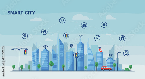 Smart city concept with connected devices and network in modern urban skyline. Vector illustration