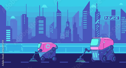 Futuristic cityscape with robotic street cleaners in urban environment. Vector illustration