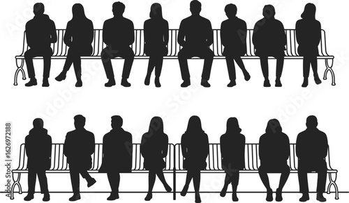 Silhouettes of people sitting and standing near benches, social connection, white background