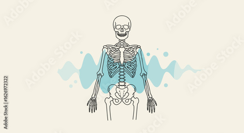 Human skeleton diagram with abstract blue wave design on beige background. Vector illustration