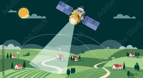 Satellite communicating with rural homes under a night sky in a scenic green landscape. Vector illustration