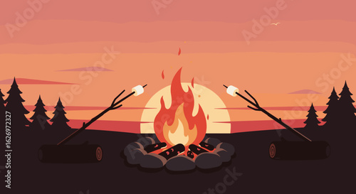 Tranquil sunset campfire with roasting marshmallows in forest landscape. Vector illustration