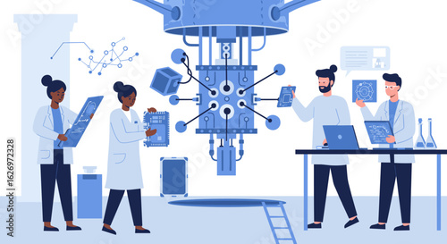Diverse scientists collaborating on quantum computing technology in a laboratory. Vector illustration