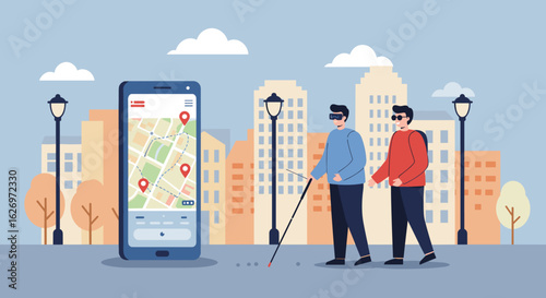 Blind assistance technology: two men using navigation app in urban environment. Vector illustration